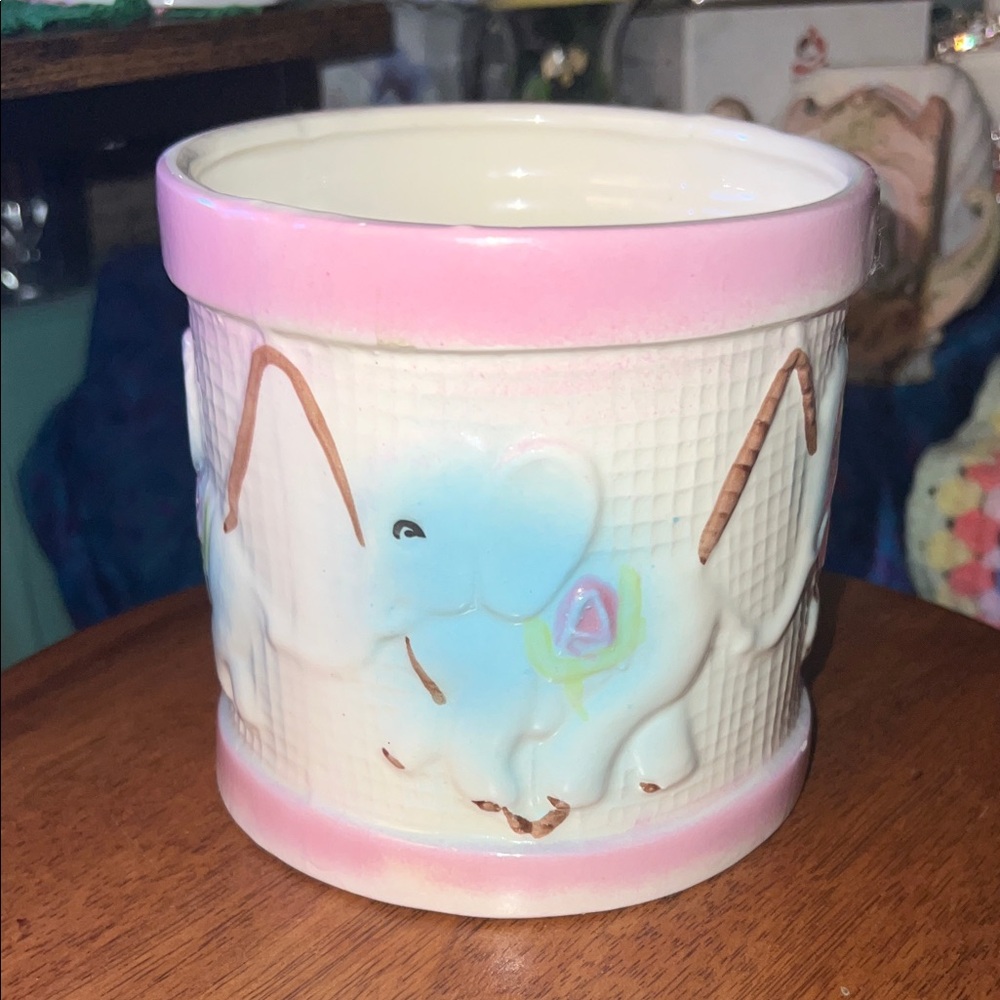 Vintage Ceramic Elephant Planter Pink Trim